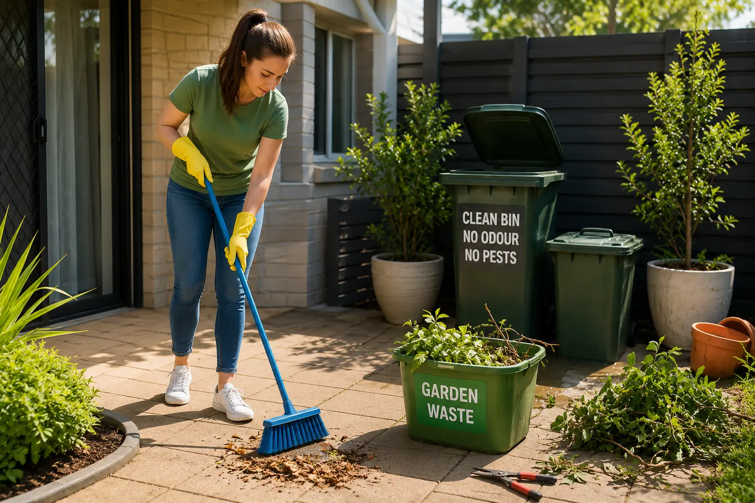 Tenant sweeping a clean patio and removing garden debris
